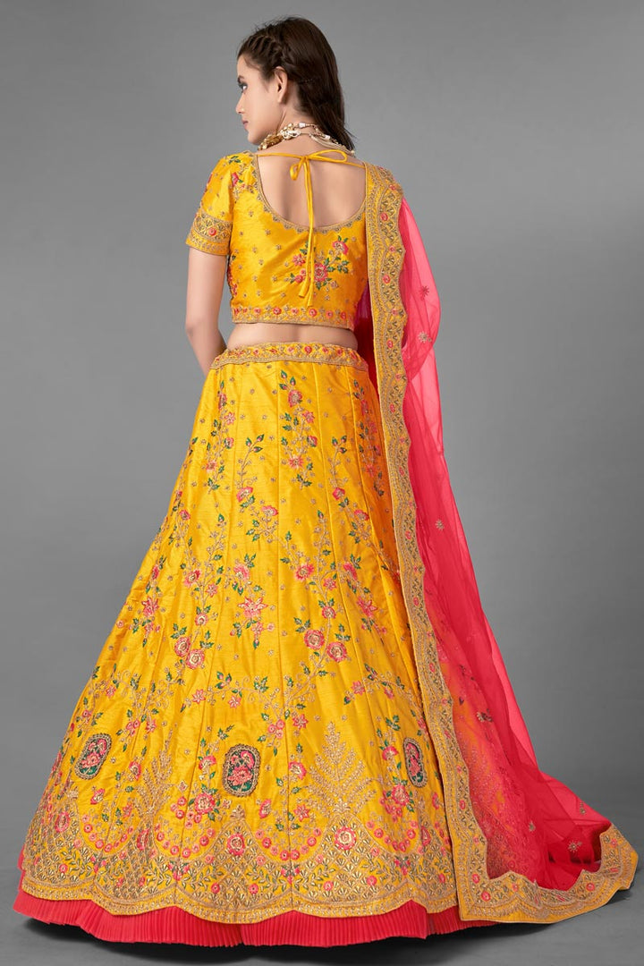 Yellow Color Art Silk Fabric Thread Embroidered Reception Wear Lehenga Choli