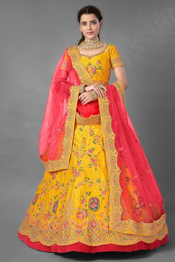 Yellow Color Art Silk Fabric Thread Embroidered Reception Wear Lehenga Choli