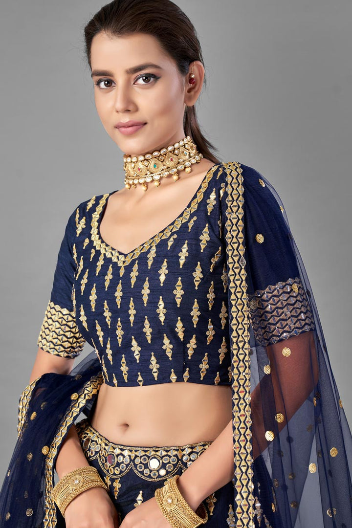 Wedding Wear Fancy Work Lehenga Choli In Navy Blue Color Art Silk Fabric