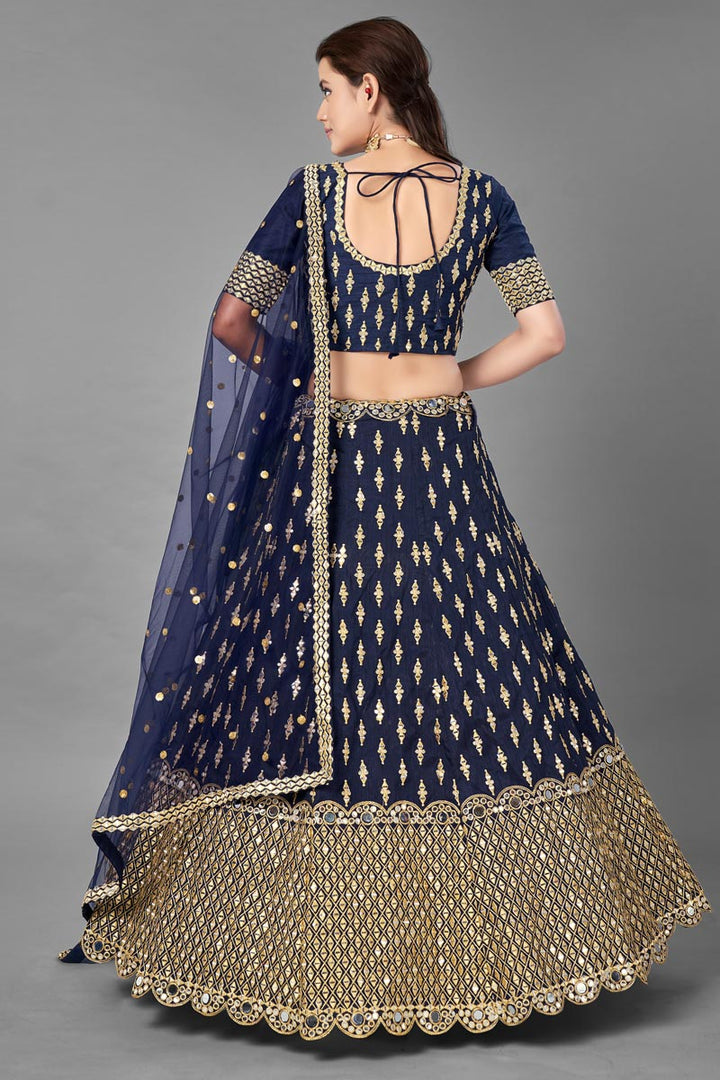 Wedding Wear Fancy Work Lehenga Choli In Navy Blue Color Art Silk Fabric