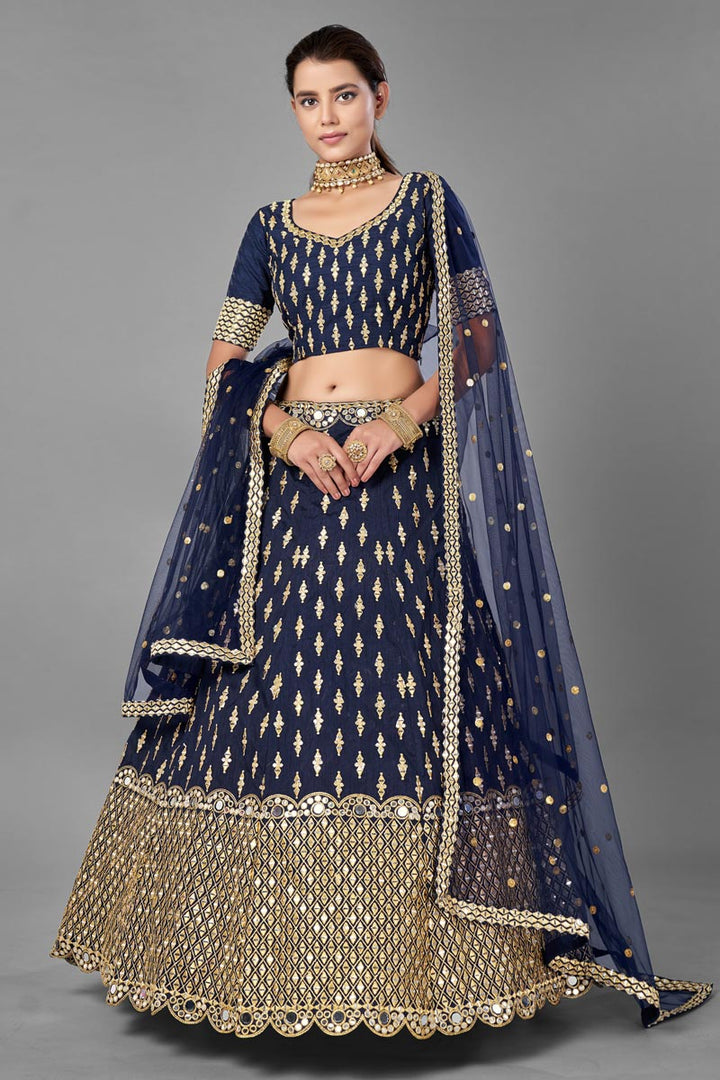 Wedding Wear Fancy Work Lehenga Choli In Navy Blue Color Art Silk Fabric
