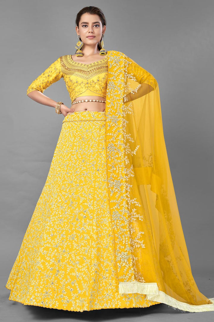 Yellow Color Designer 3 Piece Wedding Wear Lehenga Choli