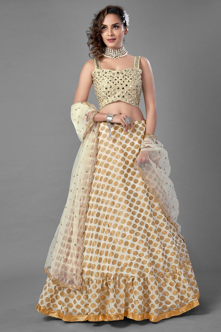 Beige Color Fancy Work Viscose Fabric Wedding Wear Lehenga Choli