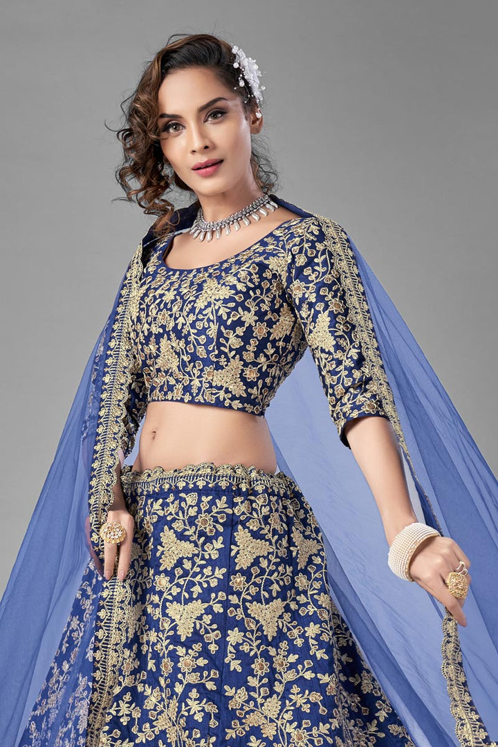 Fancy Work Designs Art Silk Fabric Blue Color Wedding Wear Lehenga Choli