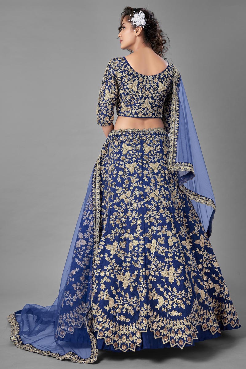 Fancy Work Designs Art Silk Fabric Blue Color Wedding Wear Lehenga Choli