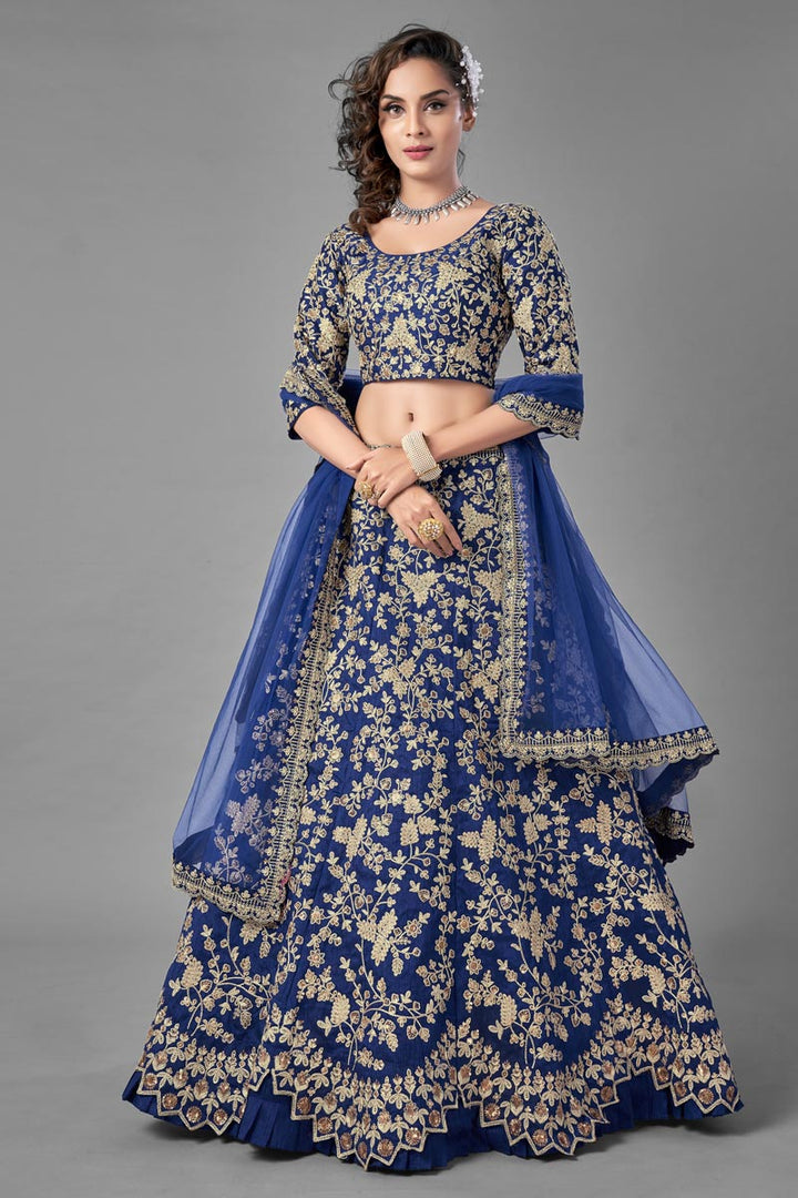 Fancy Work Designs Art Silk Fabric Blue Color Wedding Wear Lehenga Choli