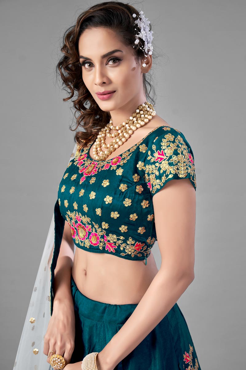 Satin Fabric Teal Color Wedding Wear Fancy Work Lehenga Choli