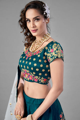 Satin Fabric Teal Color Wedding Wear Fancy Work Lehenga Choli