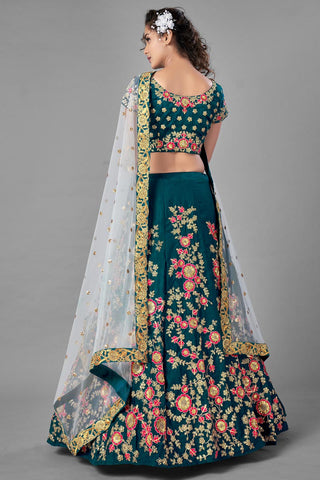 Satin Fabric Teal Color Wedding Wear Fancy Work Lehenga Choli