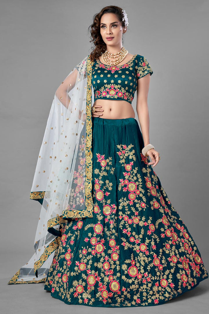 Satin Fabric Teal Color Wedding Wear Fancy Work Lehenga Choli