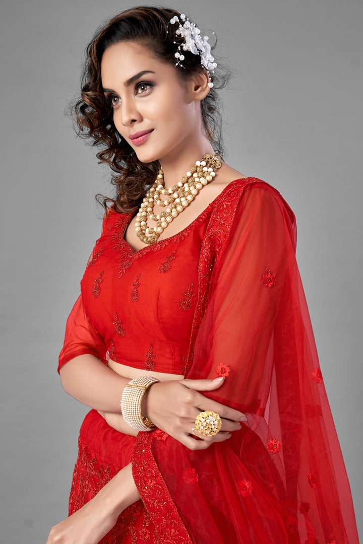 Fancy Work Wedding Wear Lehenga Choli In Red Color