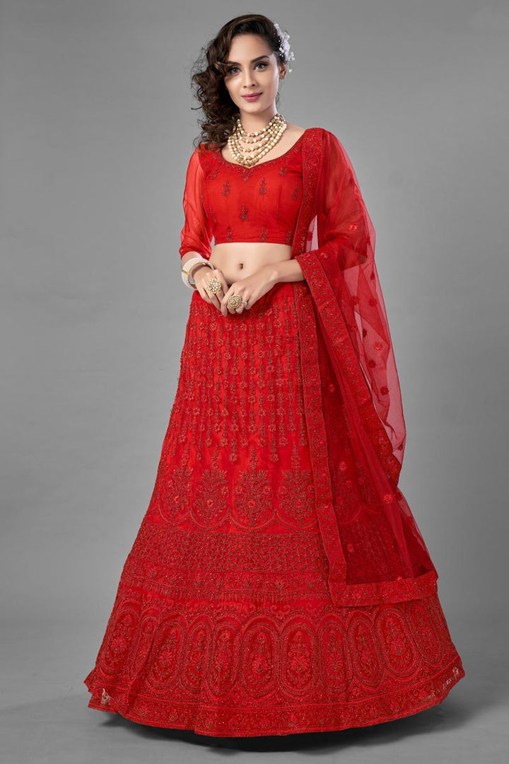 Fancy Work Wedding Wear Lehenga Choli In Red Color