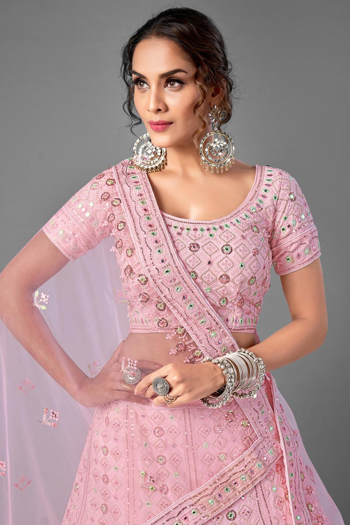 Pink Color Reception Wear Georgette Fabric Thread Embroiderd Lehenga Choli