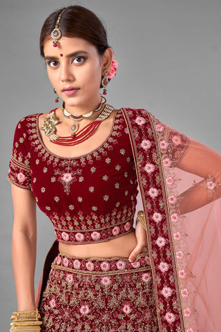 Velvet Fabric Thread Embroidered Wedding Wear Lehenga Choli In Maroon Color