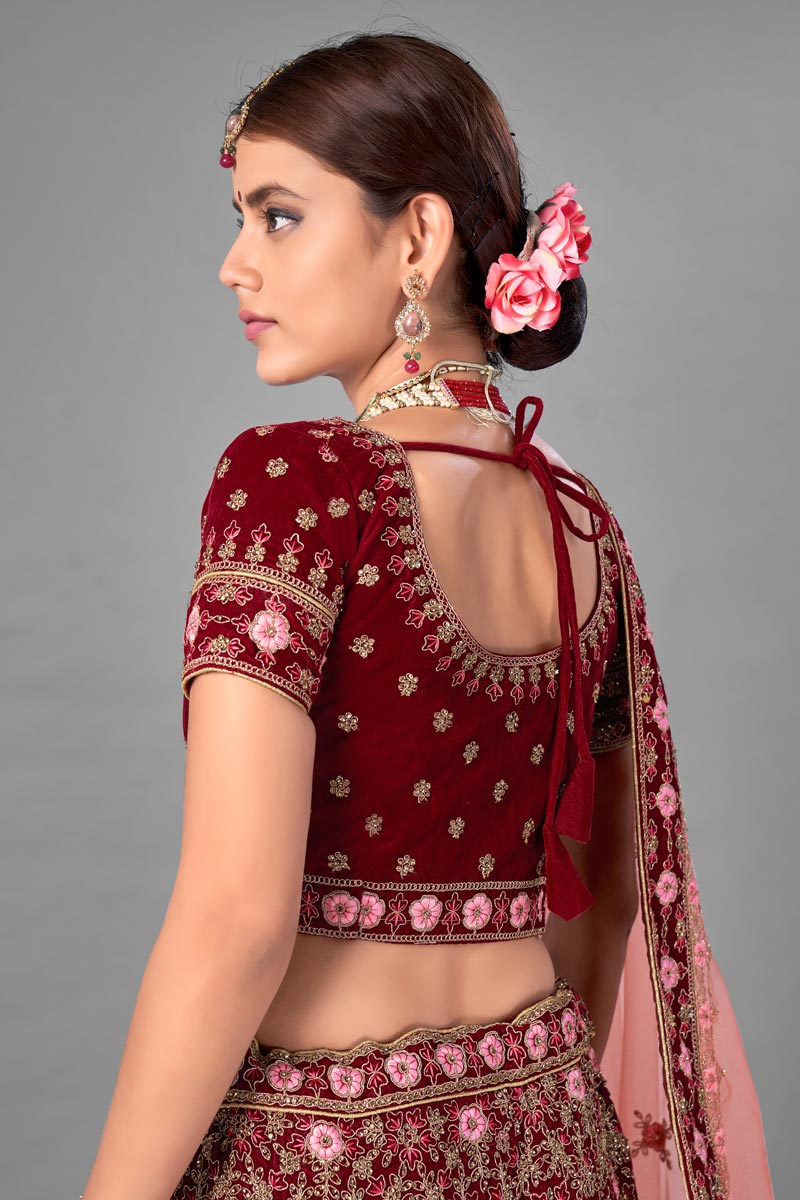 Velvet Fabric Thread Embroidered Wedding Wear Lehenga Choli In Maroon Color