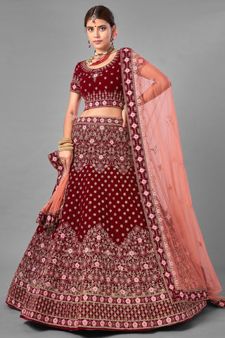 Velvet Fabric Thread Embroidered Wedding Wear Lehenga Choli In Maroon Color