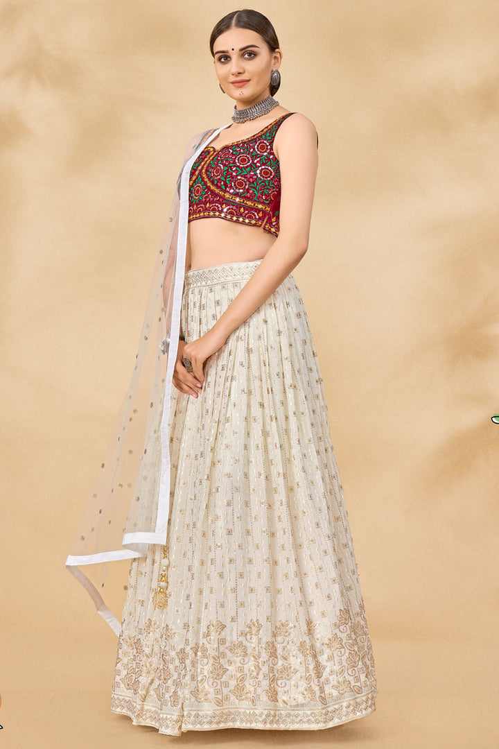 Riveting Sequins Work On Sangeet Wear Georgette Lehenga In White Color