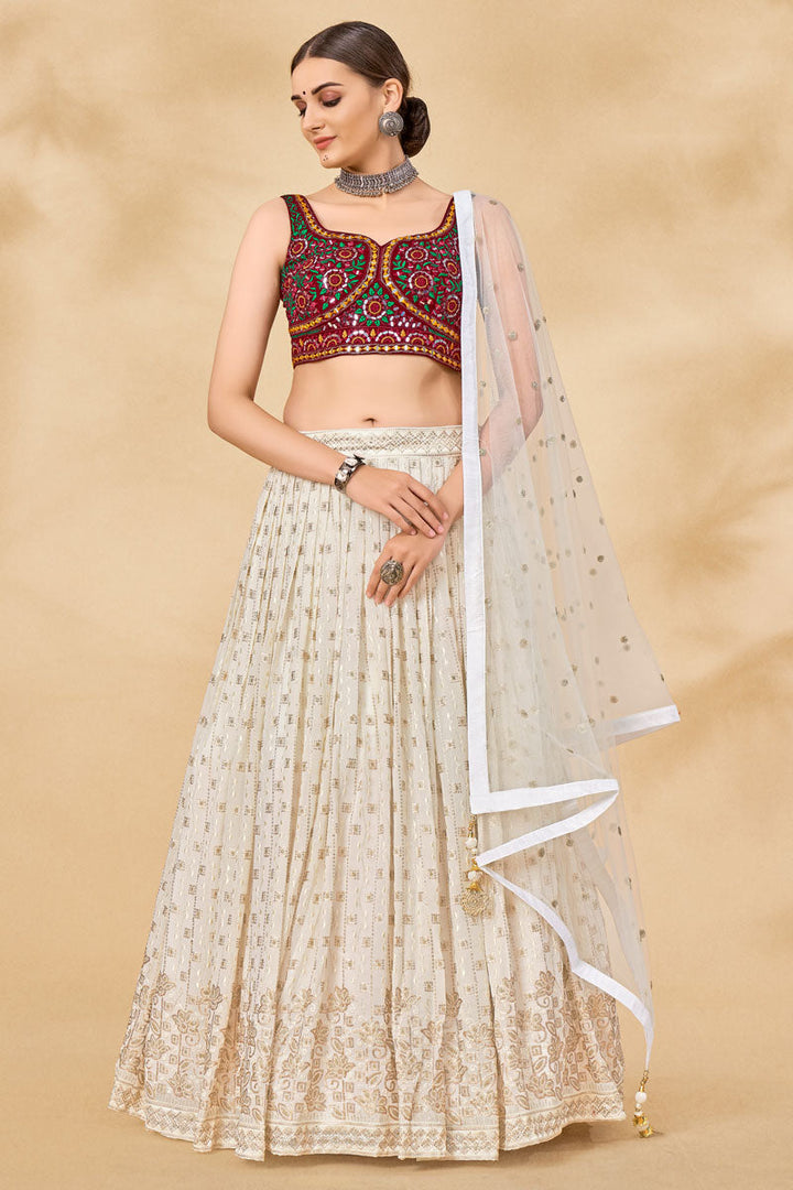 Riveting Sequins Work On Sangeet Wear Georgette Lehenga In White Color