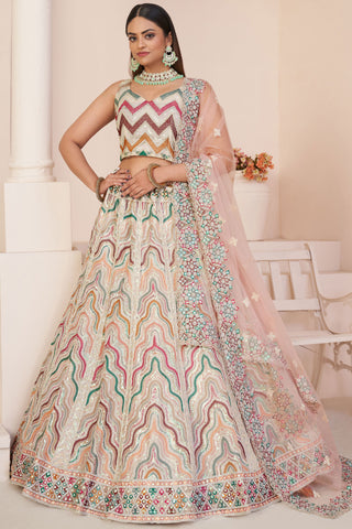 Beige Color Net Fabric Bridal Lehenga Choli With Embroidery Work