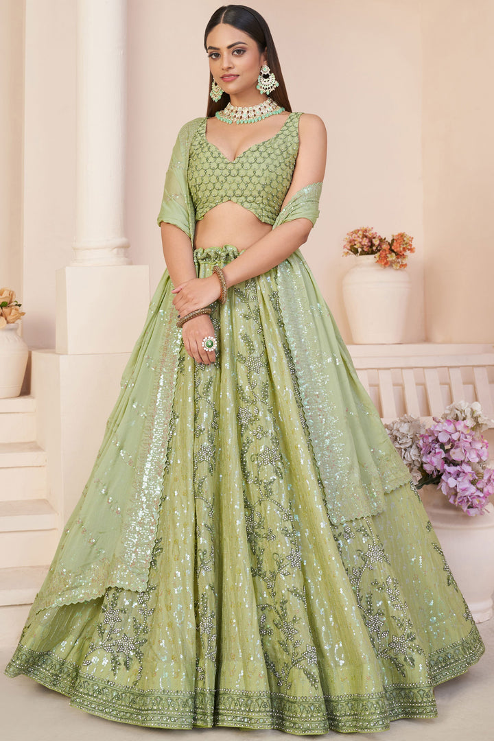 Georgette Fabric Green Color Wedding Wear 3 Piece Lehenga Choli With Embroidery Work