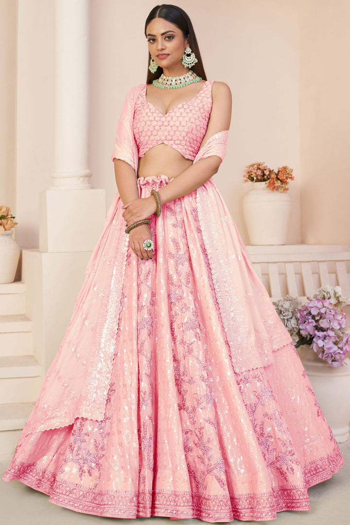Georgette Fabric Pink Color Designer Bridal Lehenga Choli With Embroidery Work