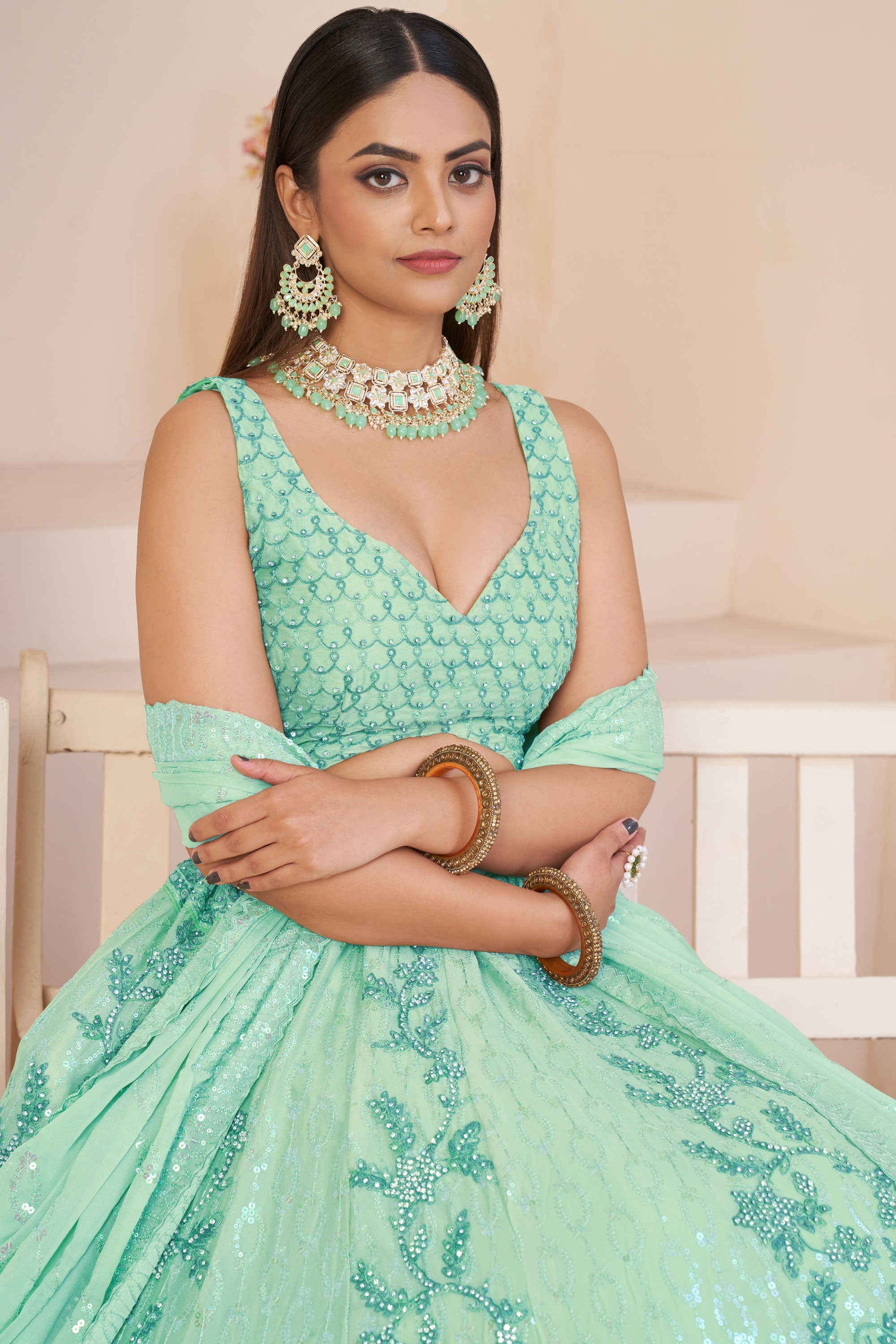 Embroidered Wedding Wear Lehenga Choli In Sea Green Color Georgette Fabric