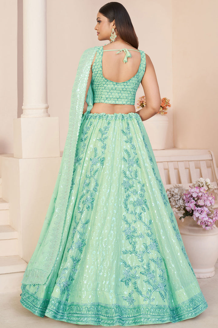 Embroidered Wedding Wear Lehenga Choli In Sea Green Color Georgette Fabric