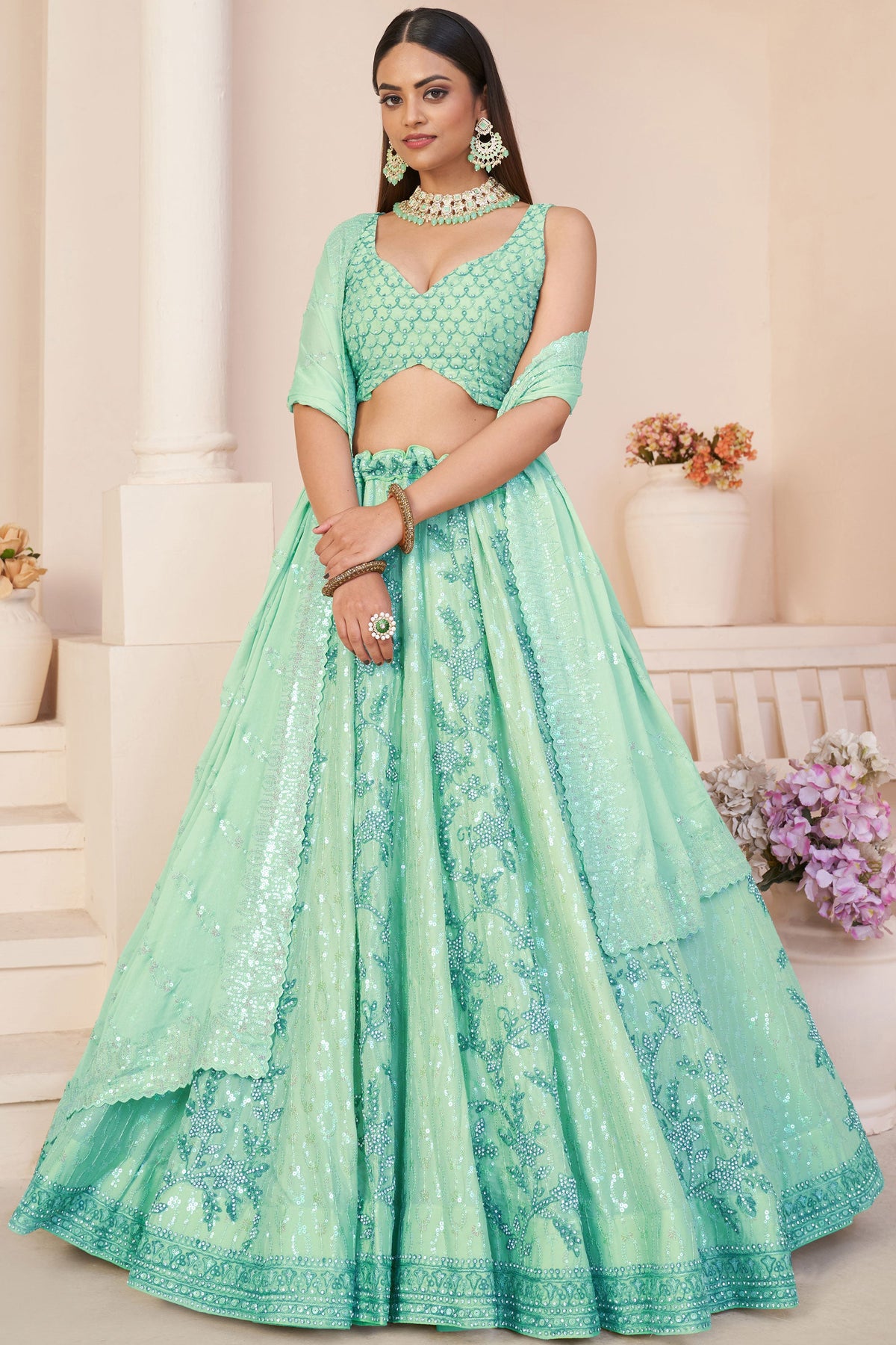 Embroidered Wedding Wear Lehenga Choli In Sea Green Color Georgette Fabric