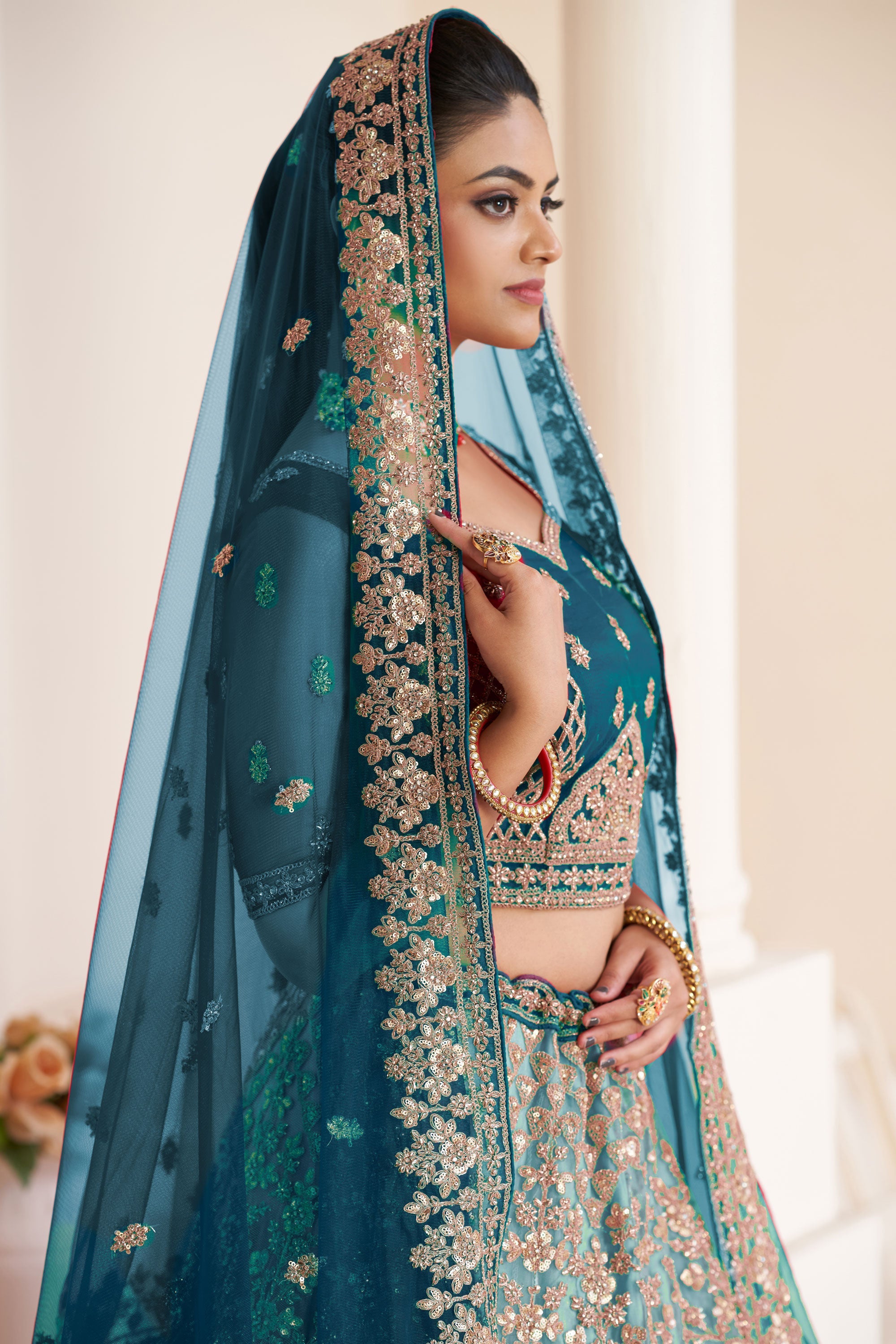 Embroidery Work Net Fabric Designer Teal Color Lehenga Choli