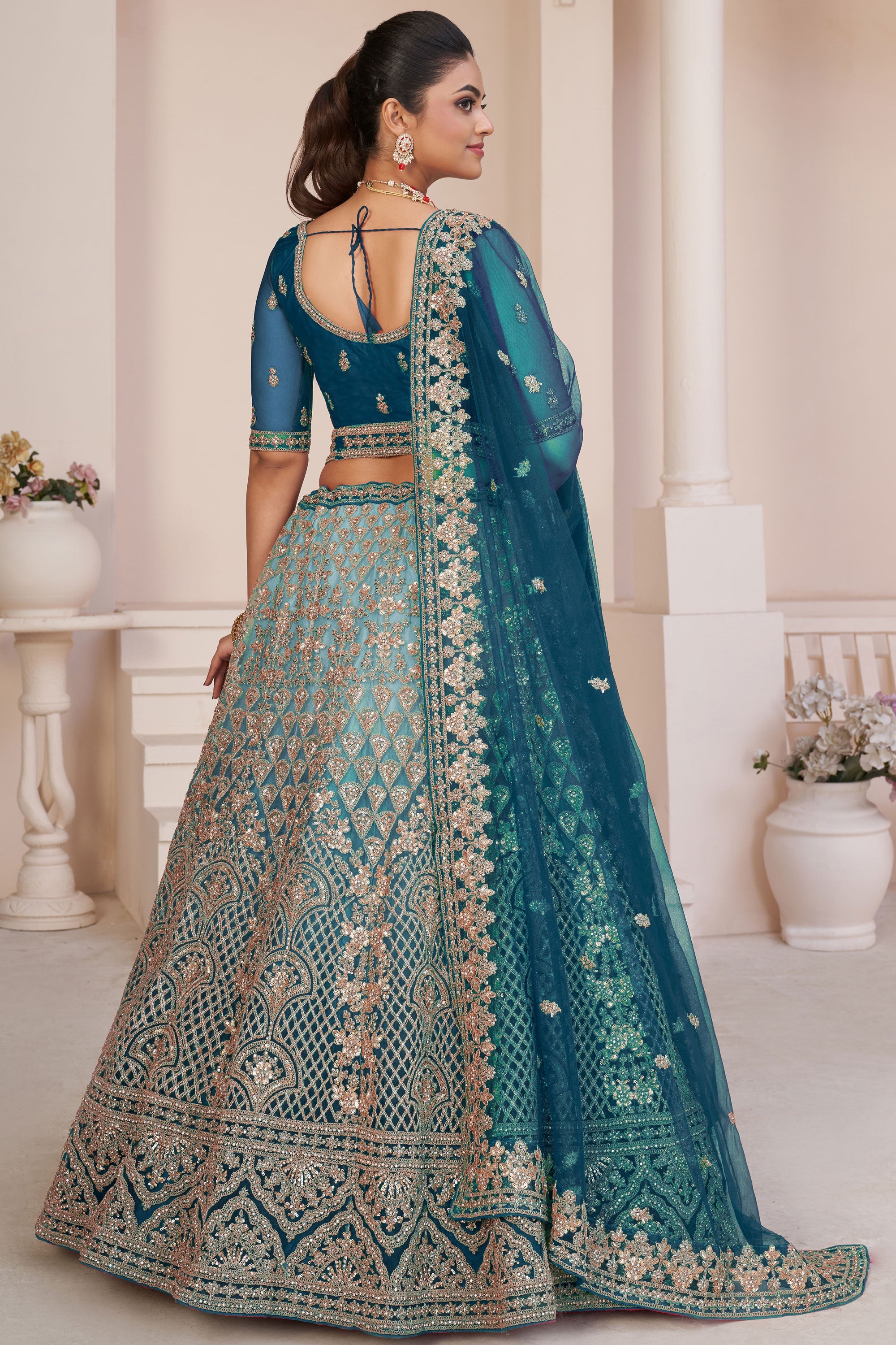 Embroidery Work Net Fabric Designer Teal Color Lehenga Choli