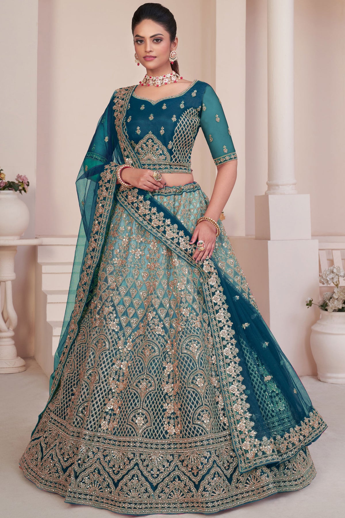 Embroidery Work Net Fabric Designer Teal Color Lehenga Choli