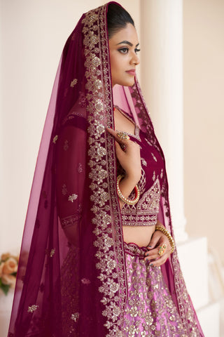 Embroidered Maroon Designer 3 Piece Lehenga Choli In Net Fabric