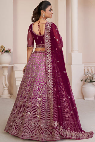 Embroidered Maroon Designer 3 Piece Lehenga Choli In Net Fabric