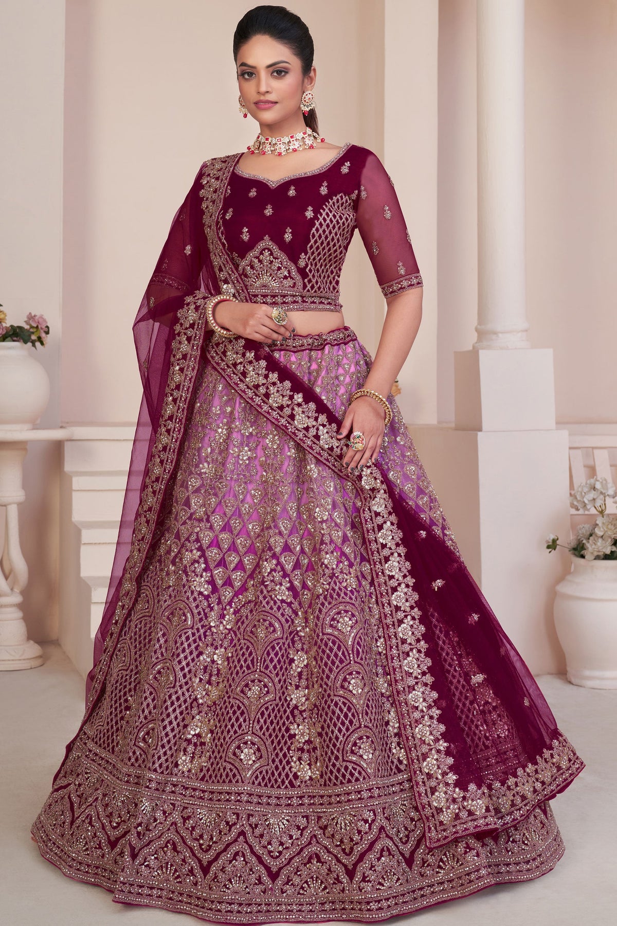 Embroidered Maroon Designer 3 Piece Lehenga Choli In Net Fabric