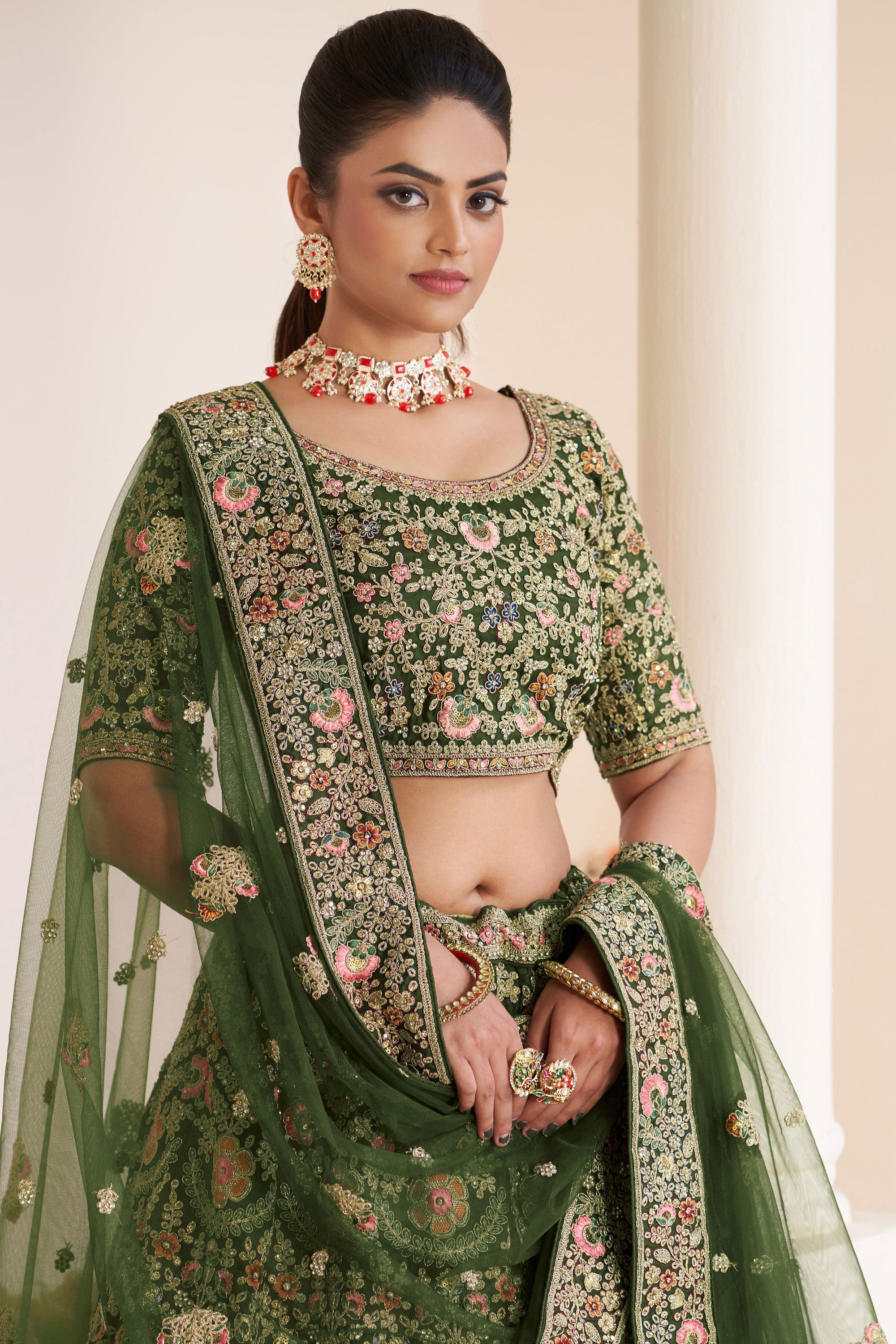 Net Wedding Wear Lehenga Choli In Green With Embroidery Work