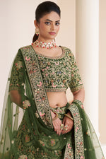 Load image into Gallery viewer, Net Wedding Wear Lehenga Choli In Green With Embroidery Work