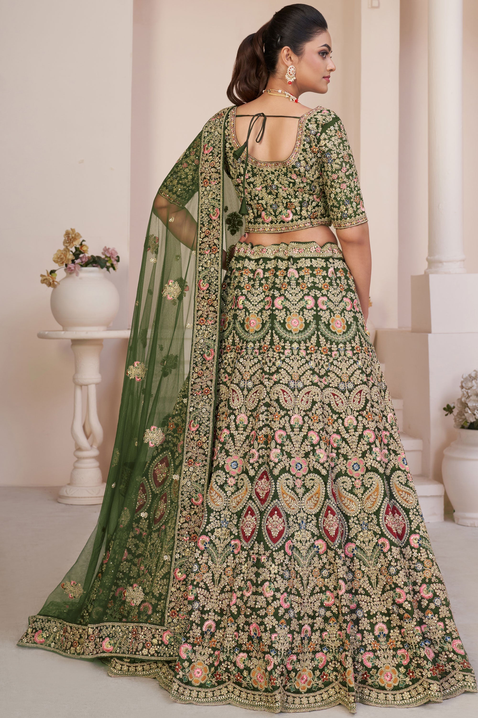 Net Wedding Wear Lehenga Choli In Green With Embroidery Work