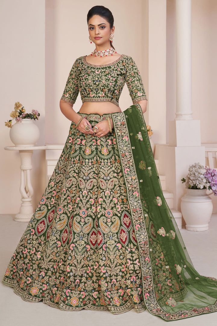 Net Wedding Wear Lehenga Choli In Green With Embroidery Work