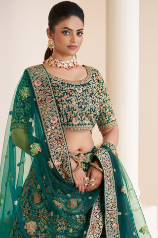 Teal Net Wedding Wear Lehenga Choli With Embroidery Work