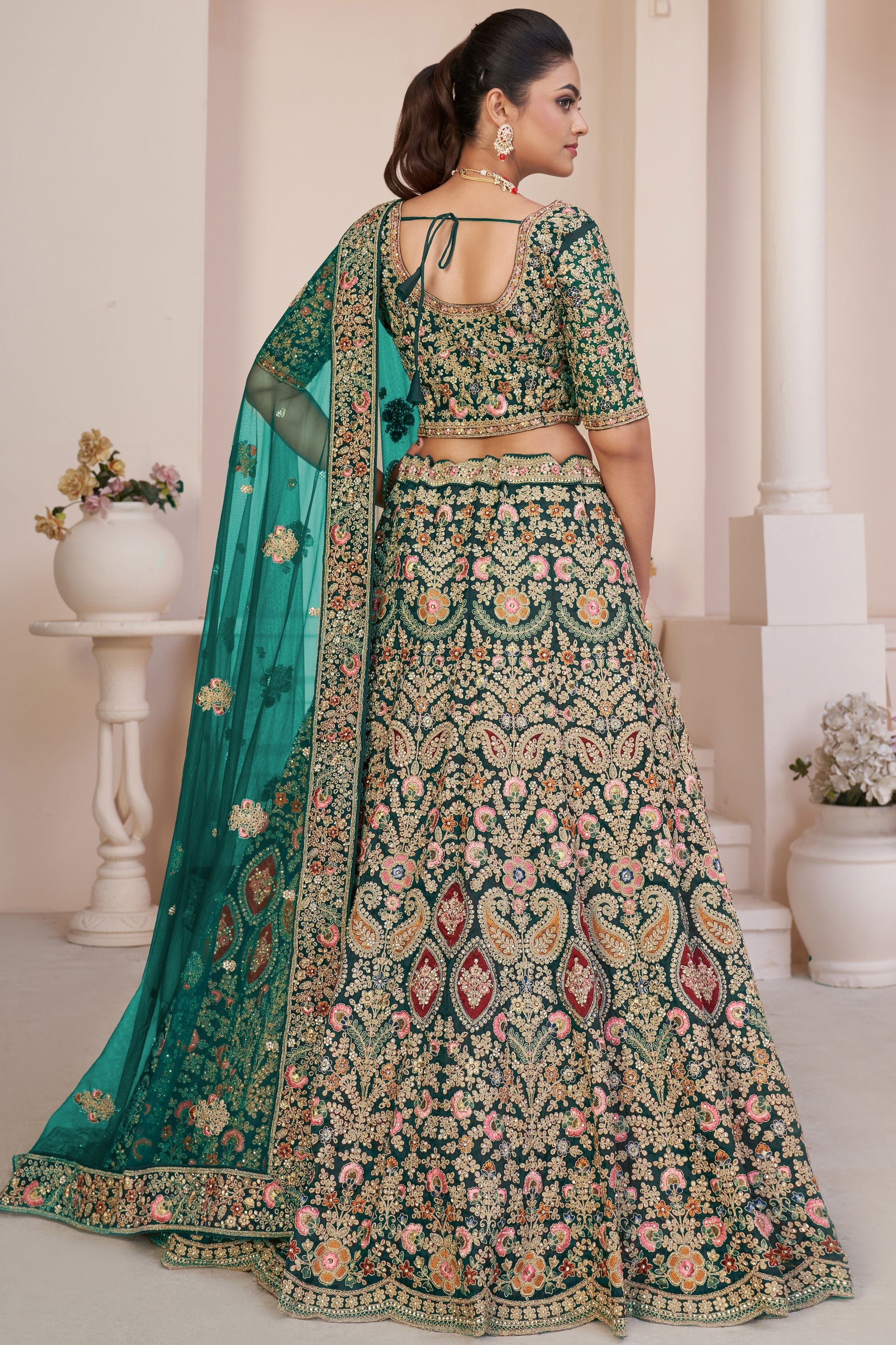 Teal Net Wedding Wear Lehenga Choli With Embroidery Work