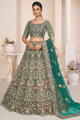 Teal Net Wedding Wear Lehenga Choli With Embroidery Work