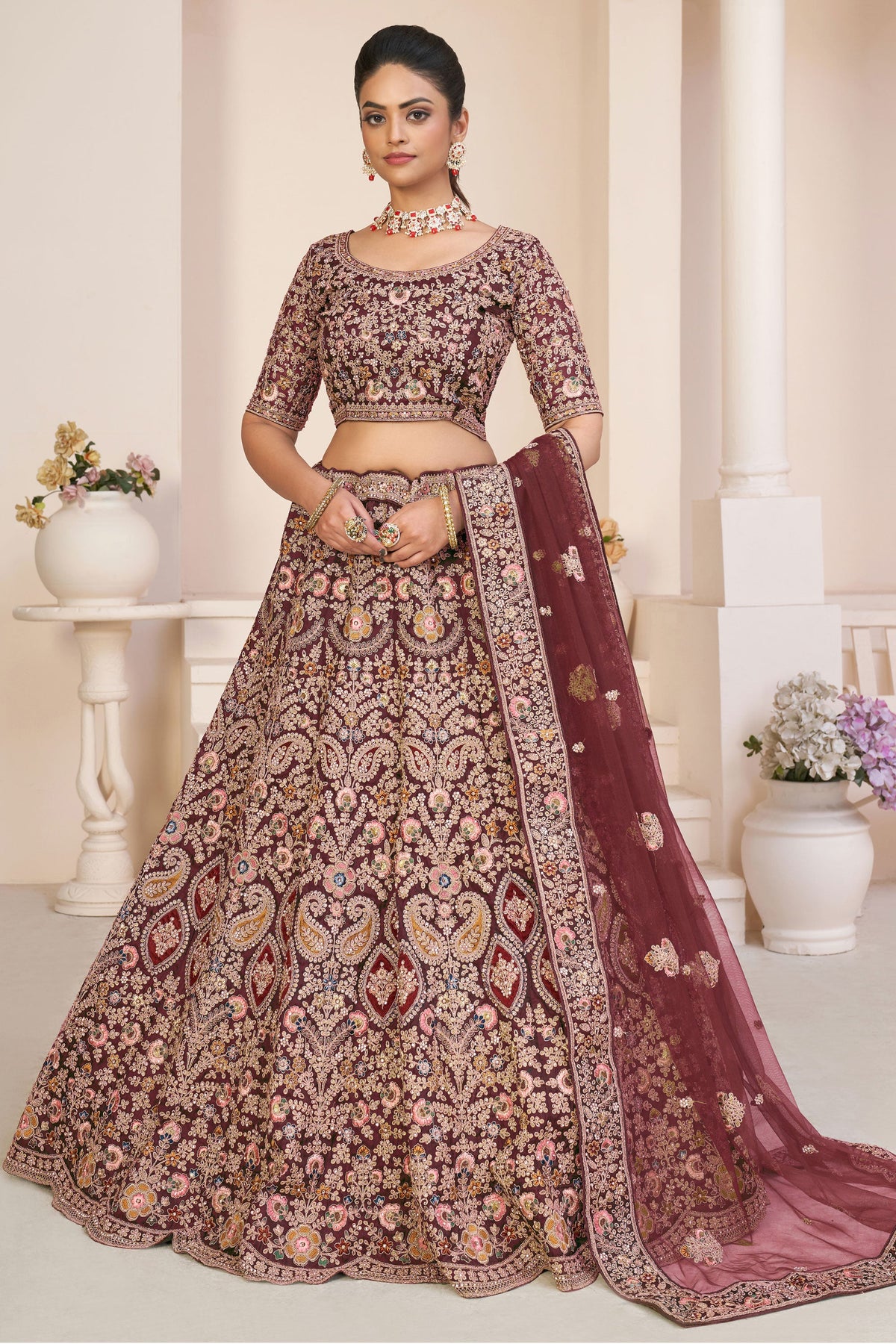 Wedding Wear Red Net Fabric Lehenga Choli With Embroidery Work