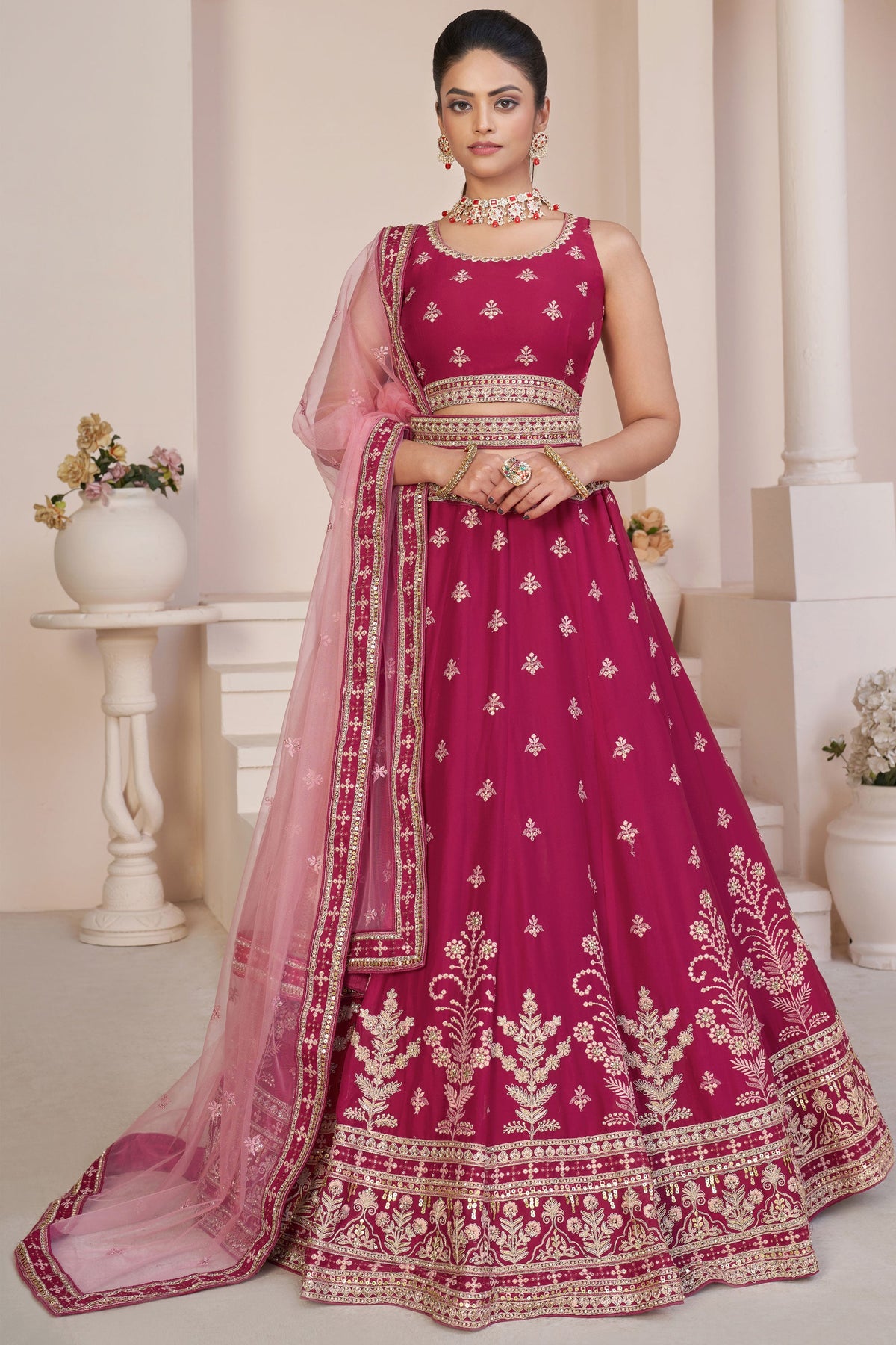 Georgette Pink Designer 3 Piece Lehenga Choli With Embroidery Designs