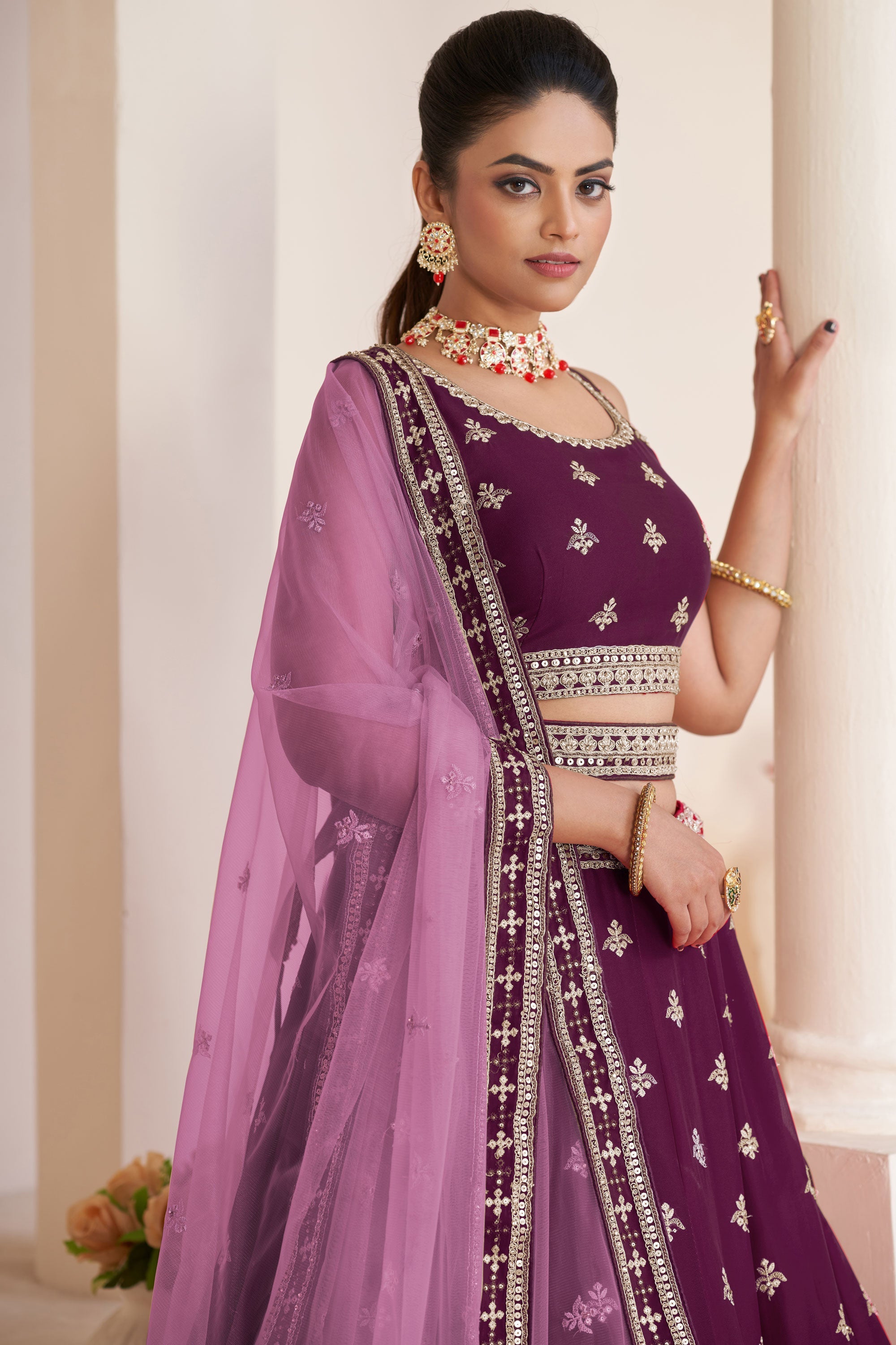 Wine Embroidered Georgette Wedding Wear Lehenga Choli