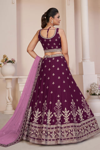 Wine Embroidered Georgette Wedding Wear Lehenga Choli