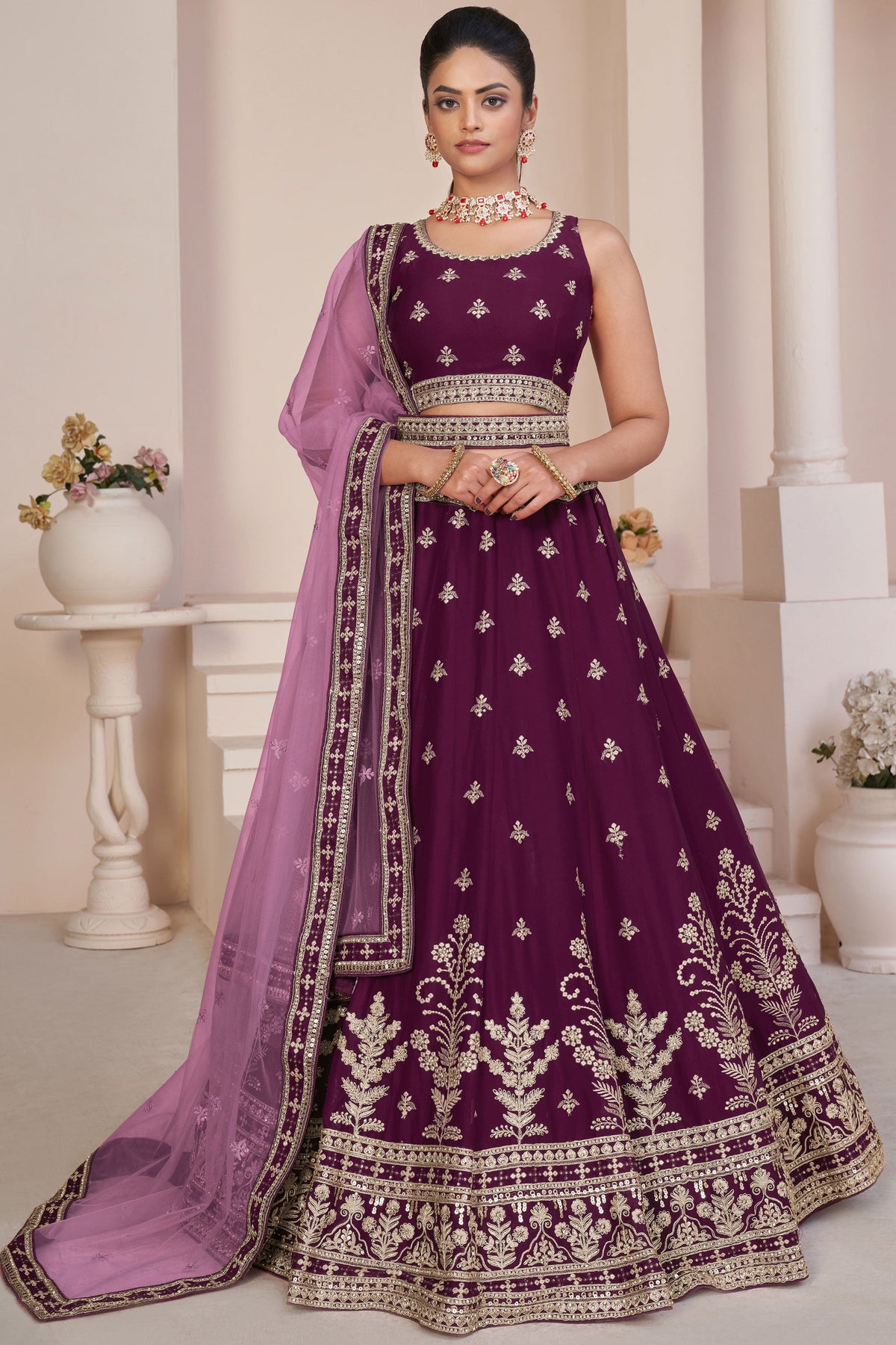 Wine Embroidered Georgette Wedding Wear Lehenga Choli