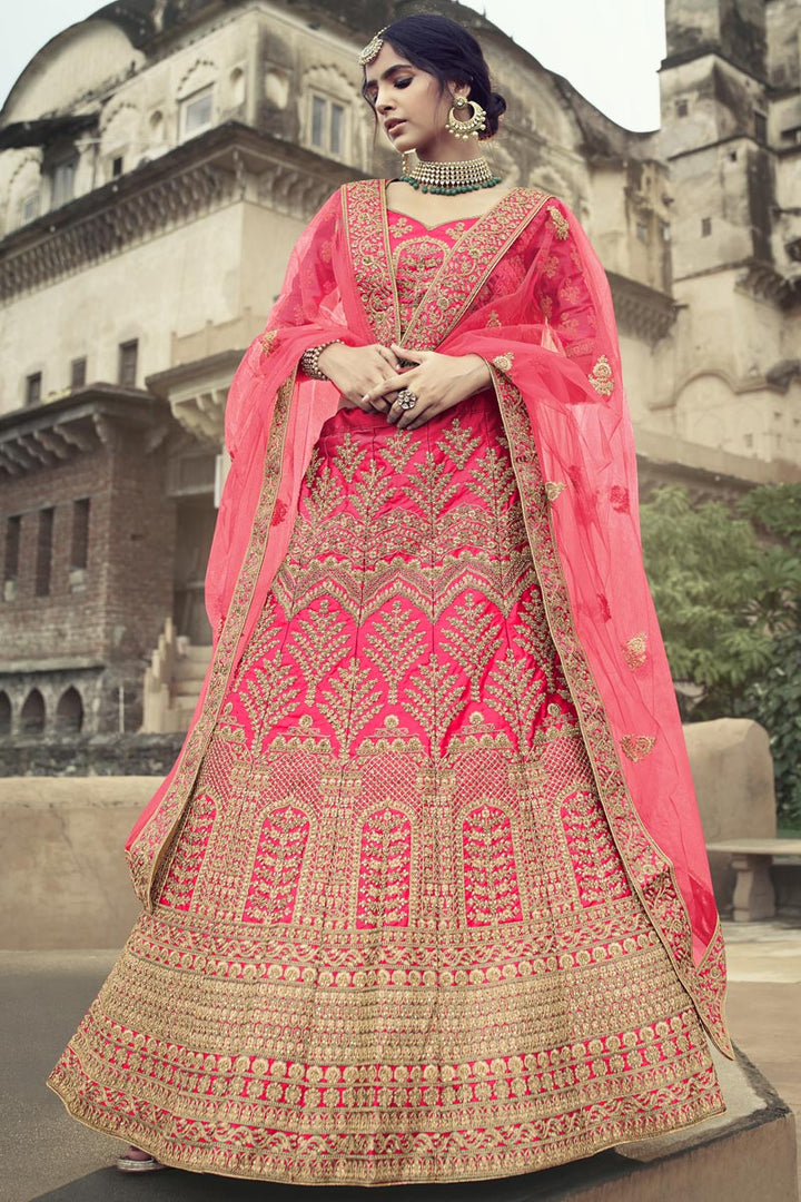 Beautiful Satin Fabric Embroidered Wedding Wear Lehenga Choli In Pink Color