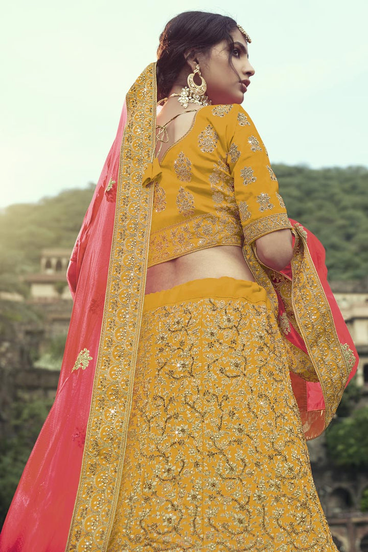 Satin Embroidered Wedding Yellow Designer Lehenga Choli