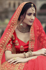 Load image into Gallery viewer, Awesome Red Color Embroidered Satin Wedding Wear Designer Lehenga
