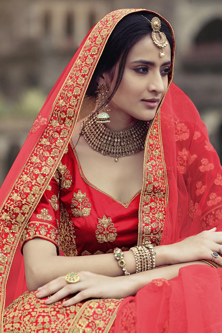 Awesome Red Color Embroidered Satin Wedding Wear Designer Lehenga